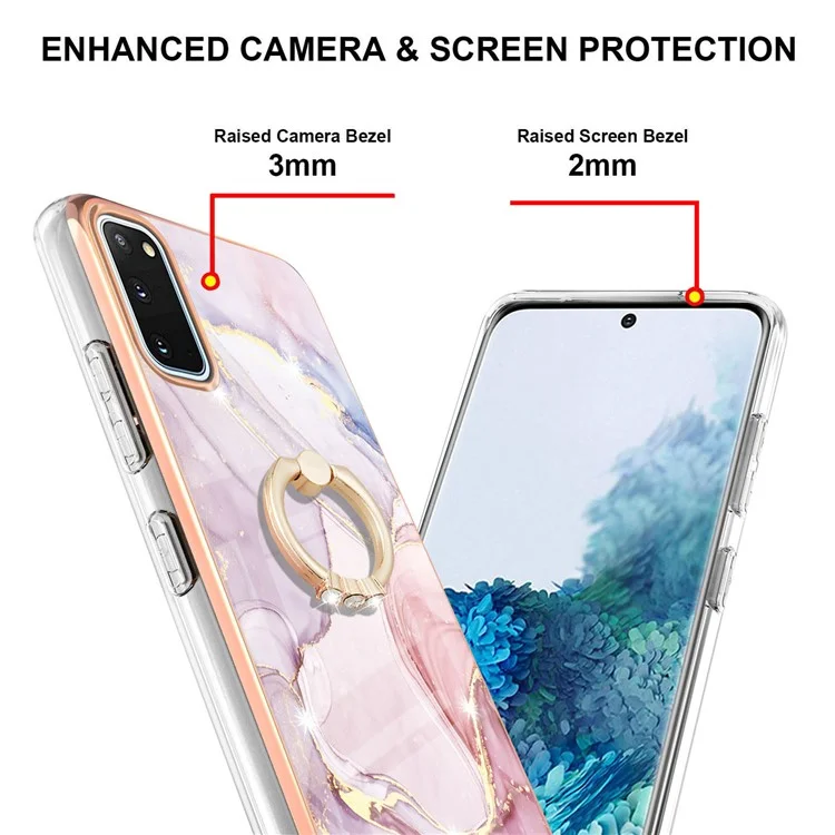Case with Ring Kickstand Marble Pattern Electroplating TPU Back Cover for Samsung Galaxy S20 4G / S20 5G - Rose Gold 005