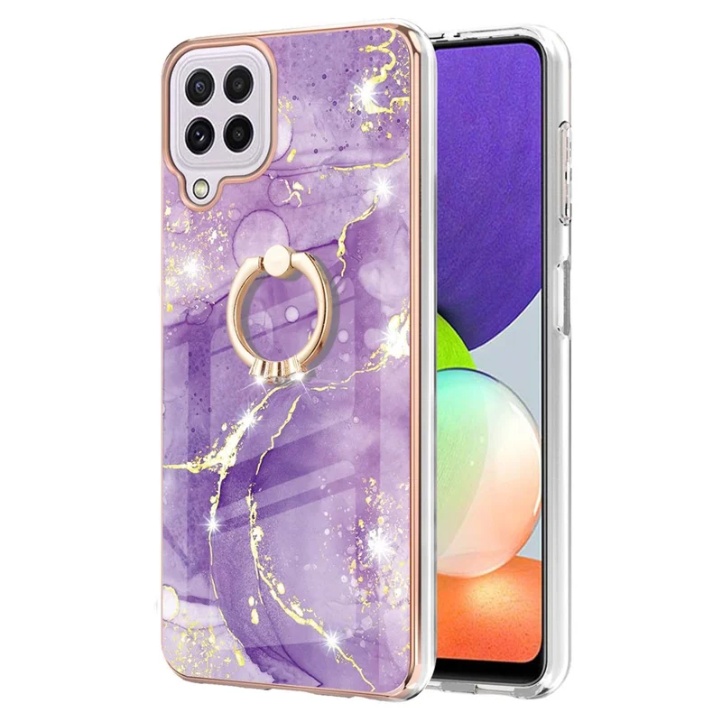 Case with Ring Kickstand Marble Pattern Electroplating TPU Back Cover for Samsung Galaxy A22 4G (EU Version) / M32 (Global Version) - Purple 002
