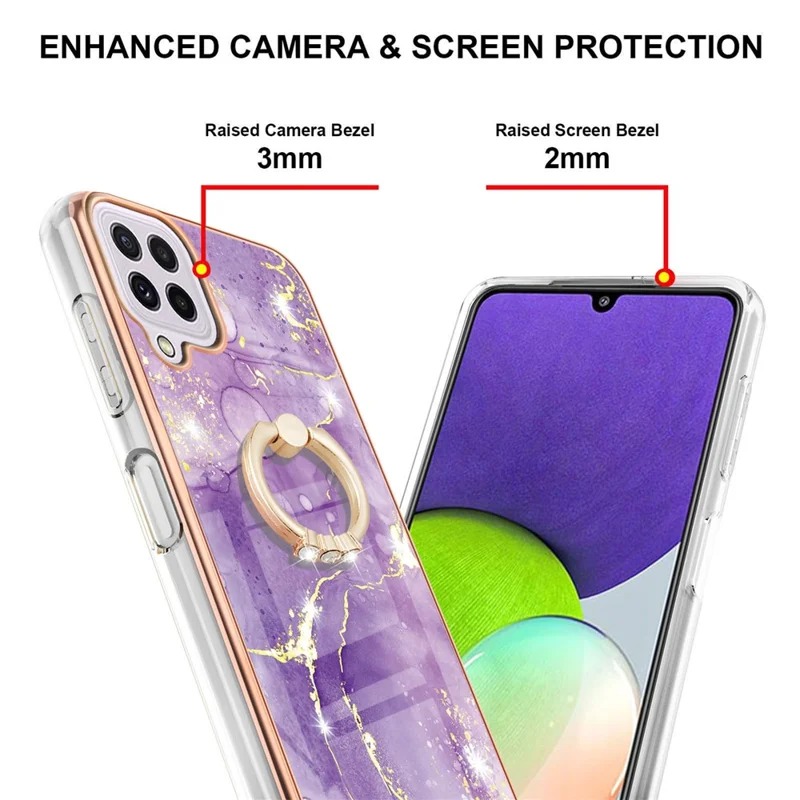 Case with Ring Kickstand Marble Pattern Electroplating TPU Back Cover for Samsung Galaxy A22 4G (EU Version) / M32 (Global Version) - Purple 002