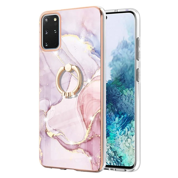 Case with Ring Kickstand Marble Pattern Electroplating TPU Back Cover for Samsung Galaxy S20 Plus 4G / 5G - Rose Gold 005