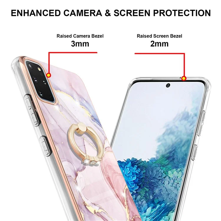 Case with Ring Kickstand Marble Pattern Electroplating TPU Back Cover for Samsung Galaxy S20 Plus 4G / 5G - Rose Gold 005