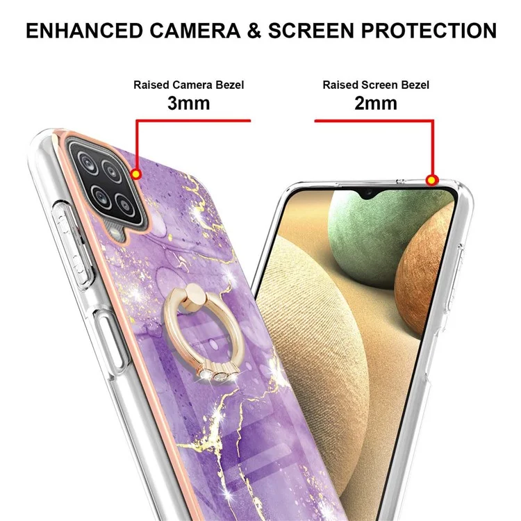 Case with Ring Kickstand Marble Pattern Electroplating TPU Back Cover for Samsung Galaxy A12 - Purple 002