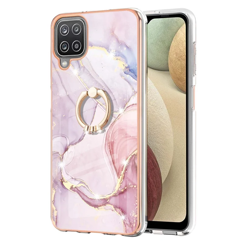 Case with Ring Kickstand Marble Pattern Electroplating TPU Back Cover for Samsung Galaxy A12 - Rose Gold 005