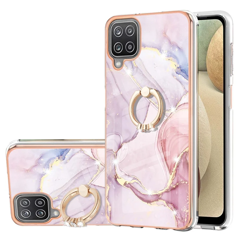 Case with Ring Kickstand Marble Pattern Electroplating TPU Back Cover for Samsung Galaxy A12 - Rose Gold 005