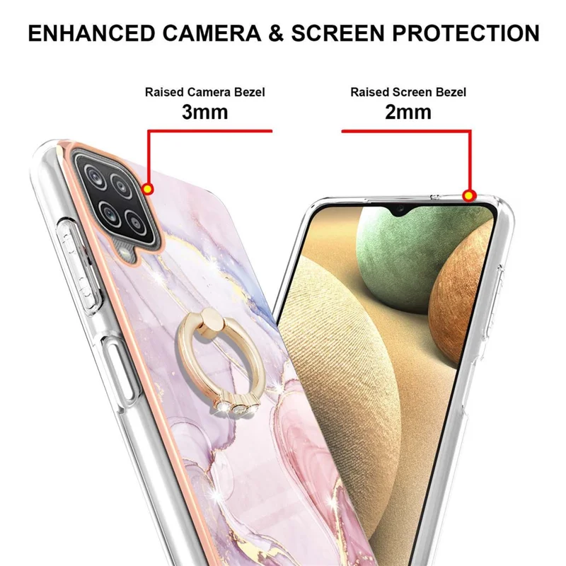Case with Ring Kickstand Marble Pattern Electroplating TPU Back Cover for Samsung Galaxy A12 - Rose Gold 005