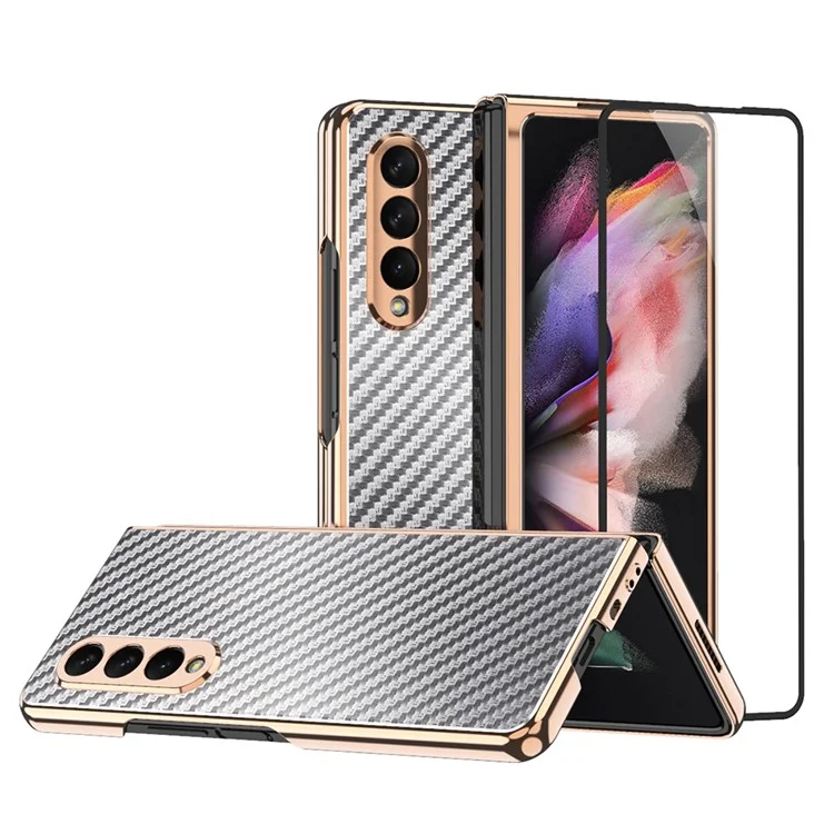 Vacuum Plating Frame Carbon Fiber Texture PU Leather Coated PC Case with Screen Film for Samsung Galaxy Z Fold3 5G - Grey