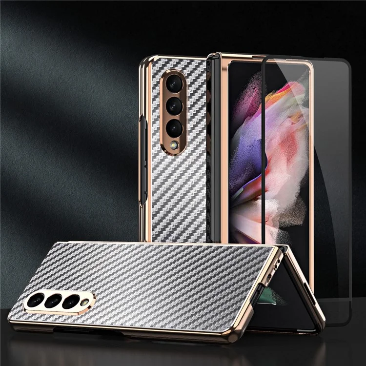 Vacuum Plating Frame Carbon Fiber Texture PU Leather Coated PC Case with Screen Film for Samsung Galaxy Z Fold3 5G - Grey