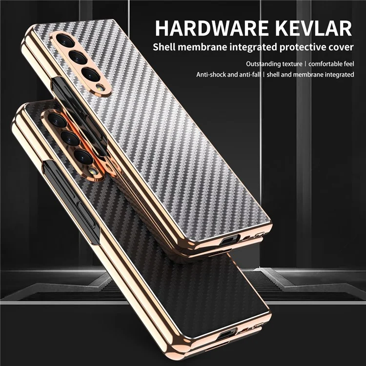 Vacuum Plating Frame Carbon Fiber Texture PU Leather Coated PC Case with Screen Film for Samsung Galaxy Z Fold3 5G - Grey