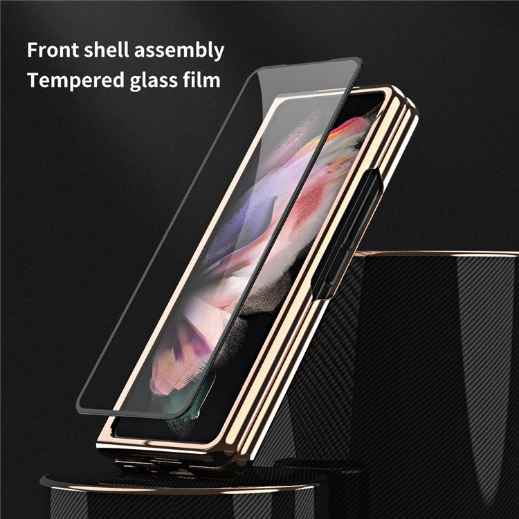 Vacuum Plating Frame Carbon Fiber Texture PU Leather Coated PC Case with Screen Film for Samsung Galaxy Z Fold3 5G - Grey