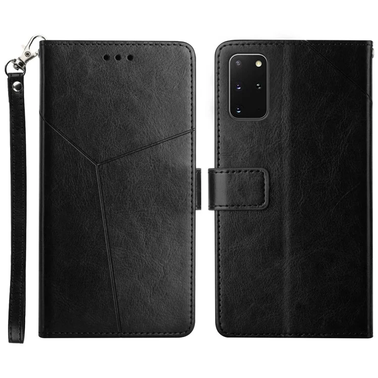 Y-shaped Line Imprinting Shock-absorbed PU Leather Phone Wallet Shell Stand Cover for Samsung Galaxy S20 Plus 4G/5G - Black