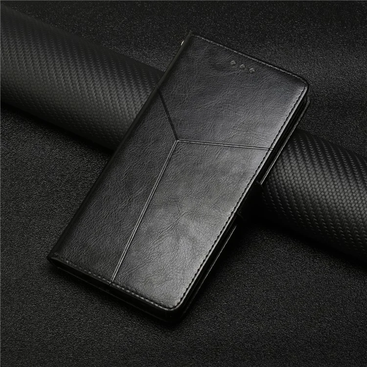 Y-shaped Line Imprinting Shock-absorbed PU Leather Phone Wallet Shell Stand Cover for Samsung Galaxy S20 Plus 4G/5G - Black