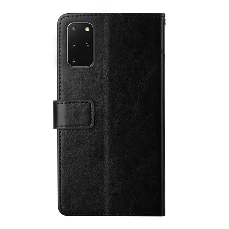 Y-shaped Line Imprinting Shock-absorbed PU Leather Phone Wallet Shell Stand Cover for Samsung Galaxy S20 Plus 4G/5G - Black