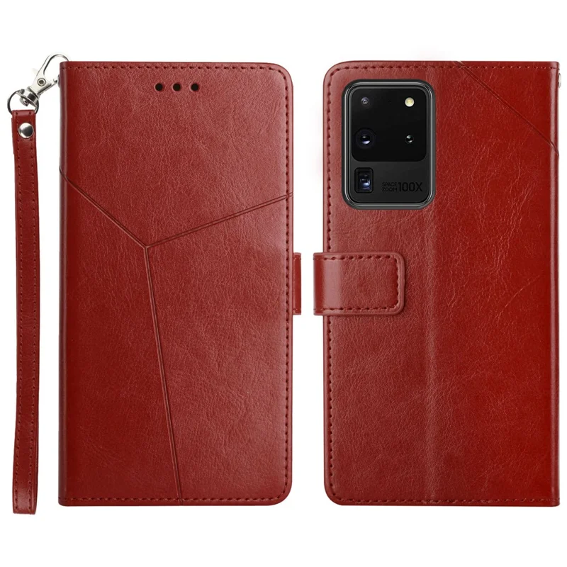 Imprinting Y-shaped Line Leather Wallet Stand Phone Cover with Wrist Strap for Samsung Galaxy S20 Ultra - Wine Red