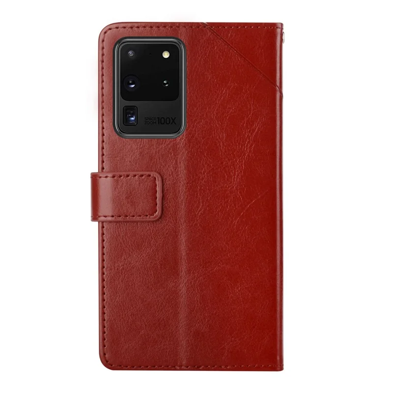 Imprinting Y-shaped Line Leather Wallet Stand Phone Cover with Wrist Strap for Samsung Galaxy S20 Ultra - Wine Red