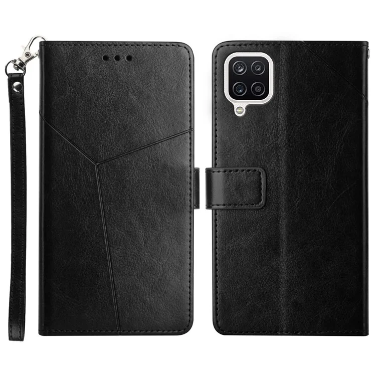 All-round Protection Imprinting Y-shaped Line Leather Phone Case Cover with Stand Wallet for Samsung Galaxy A12 - Black