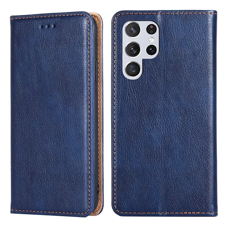 Wallet Design Solid Color Supporting Stand Auto-absorbed Leather Phone Case Shell for Samsung Galaxy S22 Ultra 5G - Blue