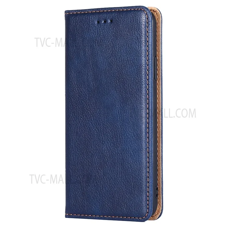 Wallet Design Solid Color Supporting Stand Auto-absorbed Leather Phone Case Shell for Samsung Galaxy S22 Ultra 5G - Blue