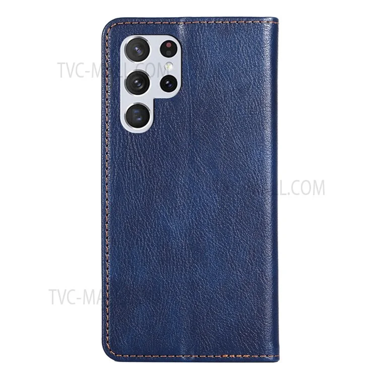 Wallet Design Solid Color Supporting Stand Auto-absorbed Leather Phone Case Shell for Samsung Galaxy S22 Ultra 5G - Blue