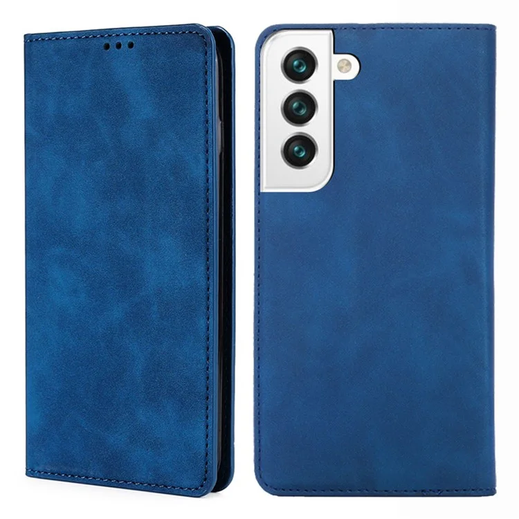 Skin-touch Auto Closing Leather Phone Case Cover with Card Holder for Samsung Galaxy S22 5G - Blue
