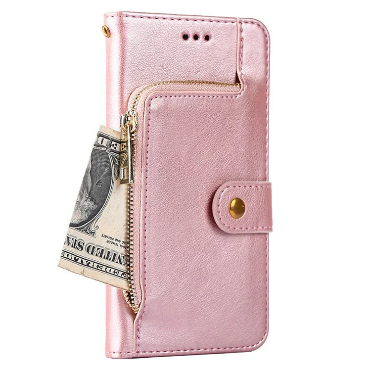 PU Leather+TPU Flip Phone Case Wallet Stand Design Zipper Pocket Phone Cover Shell with Strap for Samsung Galaxy S22 5G - Rose Gold