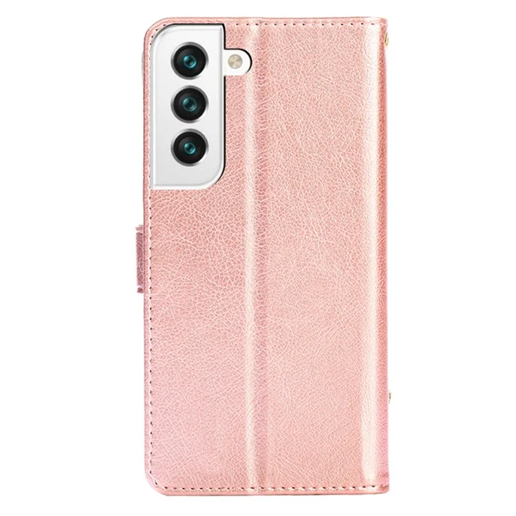 PU Leather+TPU Flip Phone Case Wallet Stand Design Zipper Pocket Phone Cover Shell with Strap for Samsung Galaxy S22 5G - Rose Gold