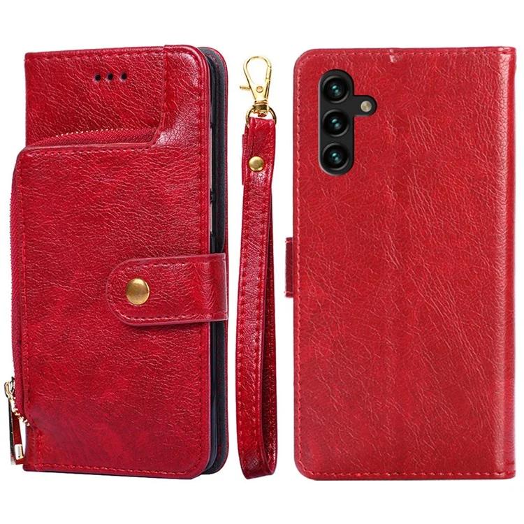 Shockproof Flip Phone Case Wallet Stand Design Leather Case Zipper Pocket Phone Cover Shell with Strap for Samsung Galaxy A13 5G / A04s 4G (164.7 x 76.7 x 9.1 mm) - Red