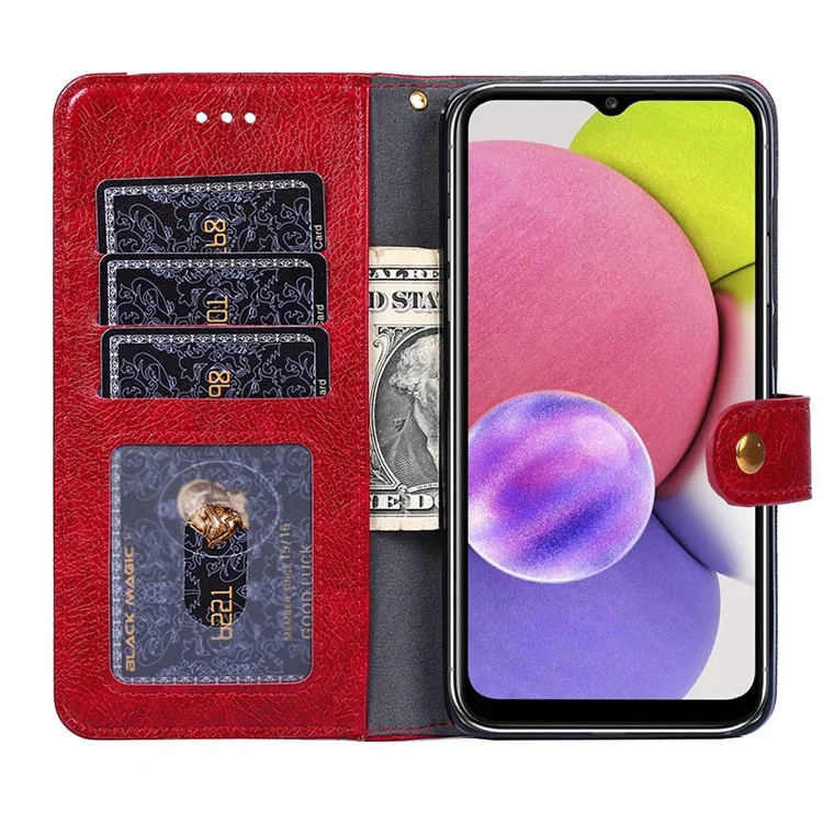 Shockproof Flip Phone Case Wallet Stand Design Leather Case Zipper Pocket Phone Cover Shell with Strap for Samsung Galaxy A13 5G / A04s 4G (164.7 x 76.7 x 9.1 mm) - Red