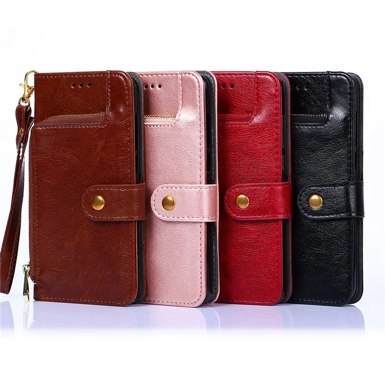 Shockproof Flip Phone Case Wallet Stand Design Leather Case Zipper Pocket Phone Cover Shell with Strap for Samsung Galaxy A13 5G / A04s 4G (164.7 x 76.7 x 9.1 mm) - Red