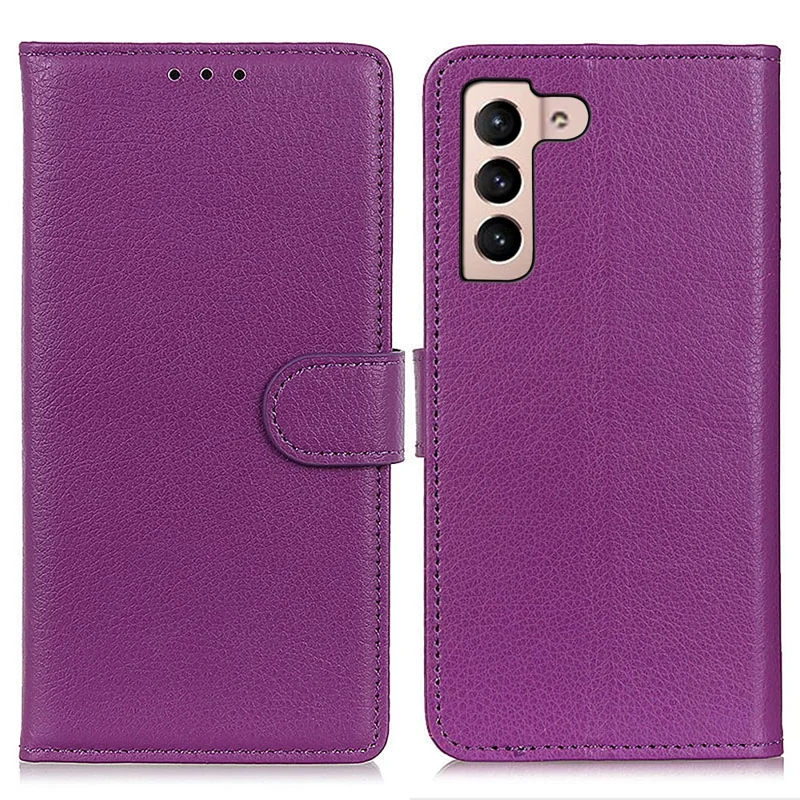 Litchi Texture PU Leather Wallet Case Folio Flip Protective Cover with Horizontal Viewing Stand for Samsung Galaxy S22 5G - Purple