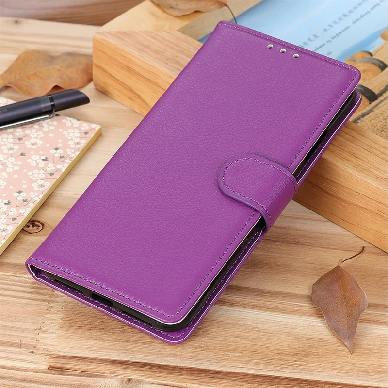 Litchi Texture PU Leather Wallet Case Folio Flip Protective Cover with Horizontal Viewing Stand for Samsung Galaxy S22 5G - Purple