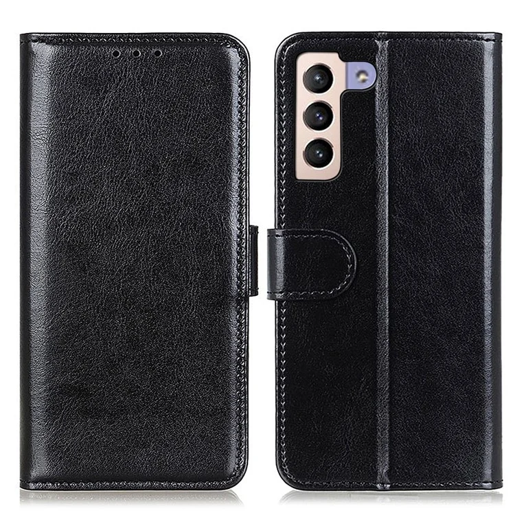 Crazy Horse Texture Magnetic Clasp Anti-Drop PU Leather Wallet Stand Case Folio Flip Protective Cover for Samsung Galaxy S22 5G - Black