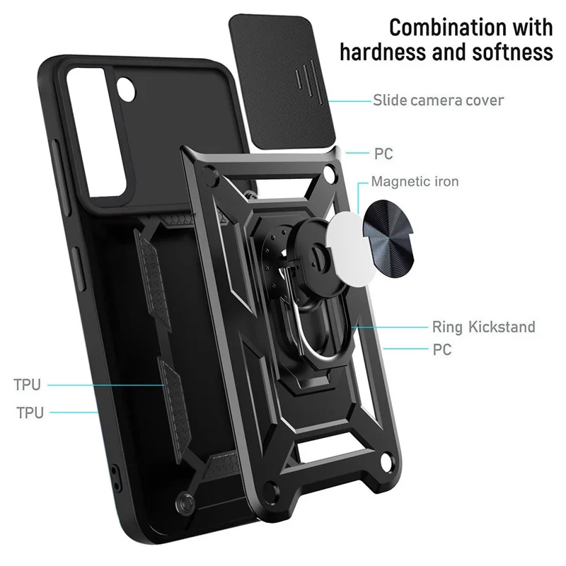Heavy Duty PC + TPU Protective Phone Case with Slide Camera Protector and Ring Kickstand for Samsung Galaxy S22 5G - Silver