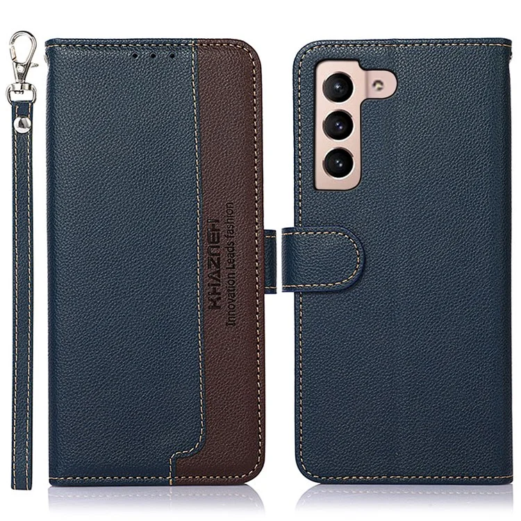 KHAZNEH RFID Blocking Anti-theft Swiping Fully-Wrapped Protection Litchi Texture Leather Wallet Phone Case with Handy Strap for Samsung Galaxy S22 5G - Blue