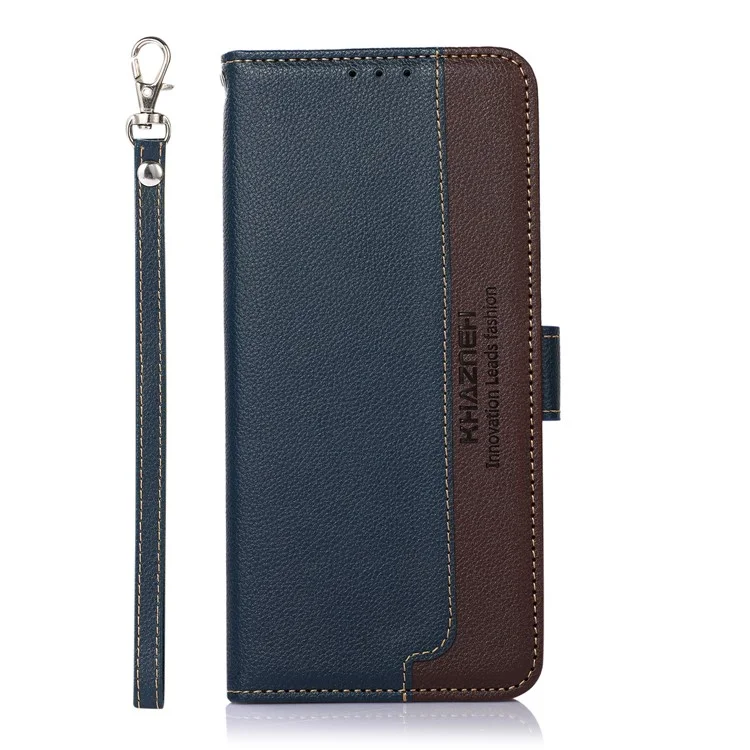 KHAZNEH RFID Blocking Anti-theft Swiping Fully-Wrapped Protection Litchi Texture Leather Wallet Phone Case with Handy Strap for Samsung Galaxy S22 5G - Blue