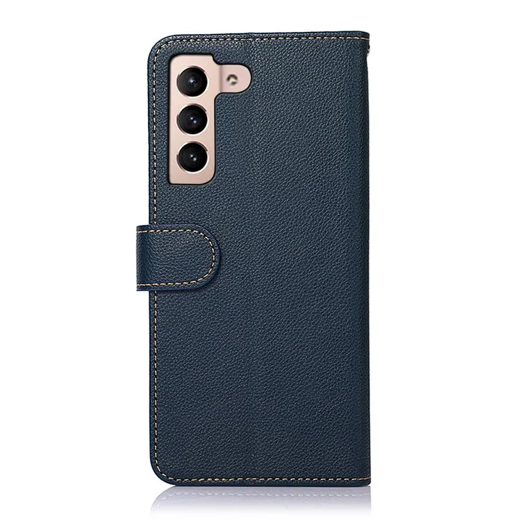 KHAZNEH RFID Blocking Anti-theft Swiping Fully-Wrapped Protection Litchi Texture Leather Wallet Phone Case with Handy Strap for Samsung Galaxy S22 5G - Blue