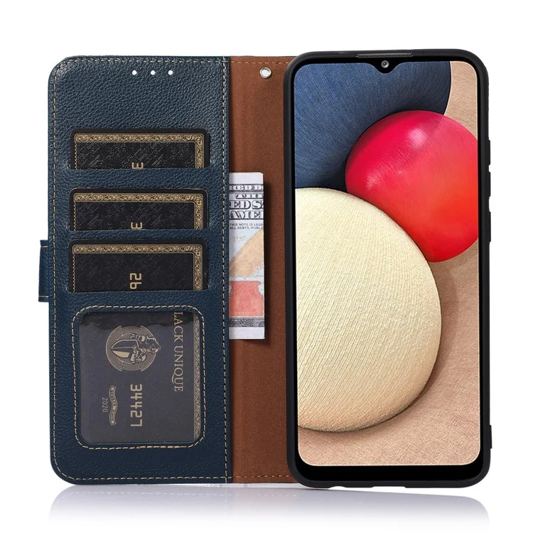 KHAZNEH RFID Blocking Anti-theft Swiping Fully-Wrapped Protection Litchi Texture Leather Wallet Phone Case with Handy Strap for Samsung Galaxy S22 5G - Blue