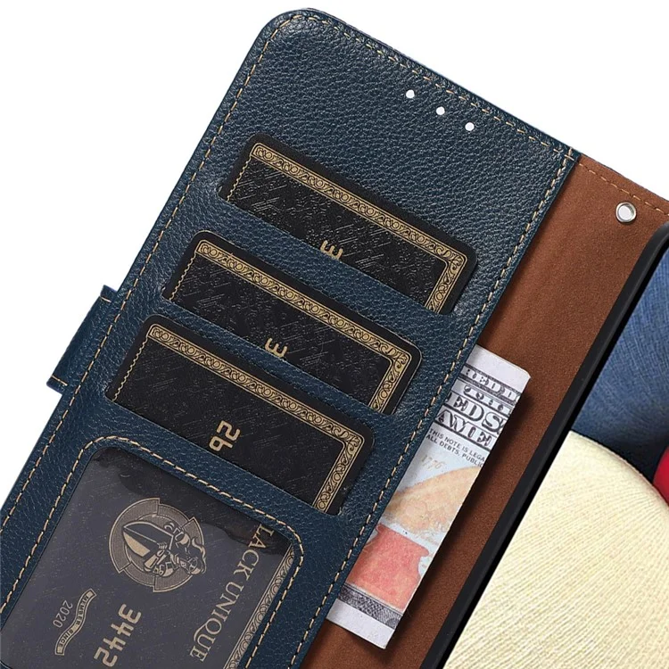 KHAZNEH RFID Blocking Anti-theft Swiping Fully-Wrapped Protection Litchi Texture Leather Wallet Phone Case with Handy Strap for Samsung Galaxy S22 5G - Blue