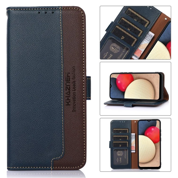 KHAZNEH RFID Blocking Anti-theft Swiping Fully-Wrapped Protection Litchi Texture Leather Wallet Phone Case with Handy Strap for Samsung Galaxy S22 5G - Blue