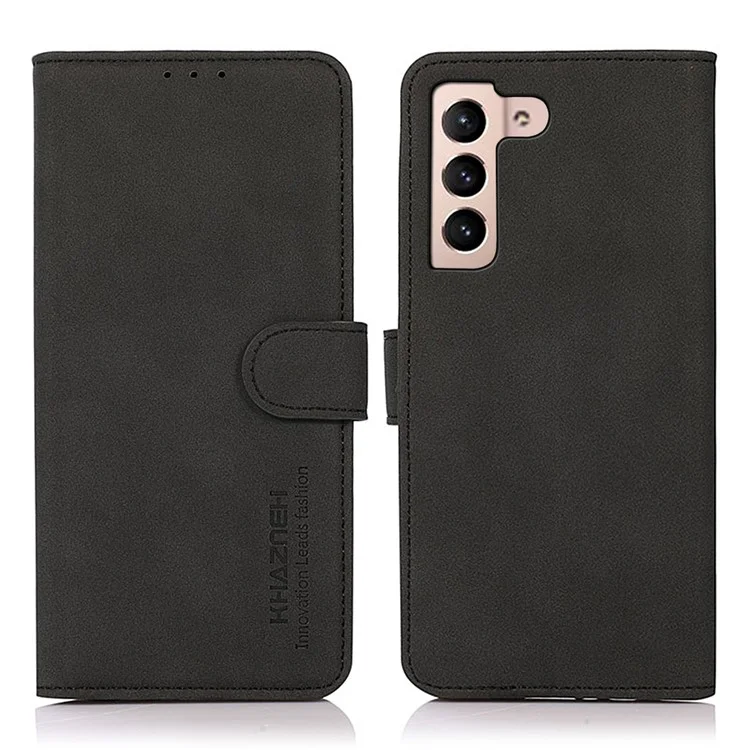 KHAZNEH Wallet Design Book-Style Flip Delicate Textured Leather Phone Cover Stand Case for Samsung Galaxy S22 5G - Black