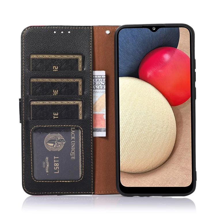 KHAZNEH Scratches Protection RFID Blocking Litchi Texture Leather Wallet Phone Case with Handy Strap for Samsung Galaxy S22+ 5G - Black