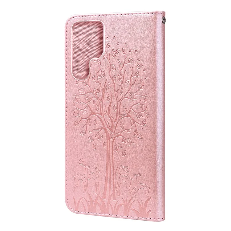 Função de Suporte Cervo e Árvore Estampada Carteira de Couro PU Caso Magnético à Prova de Choque para Samsung Galaxy S22 Ultra 5G - Rosa