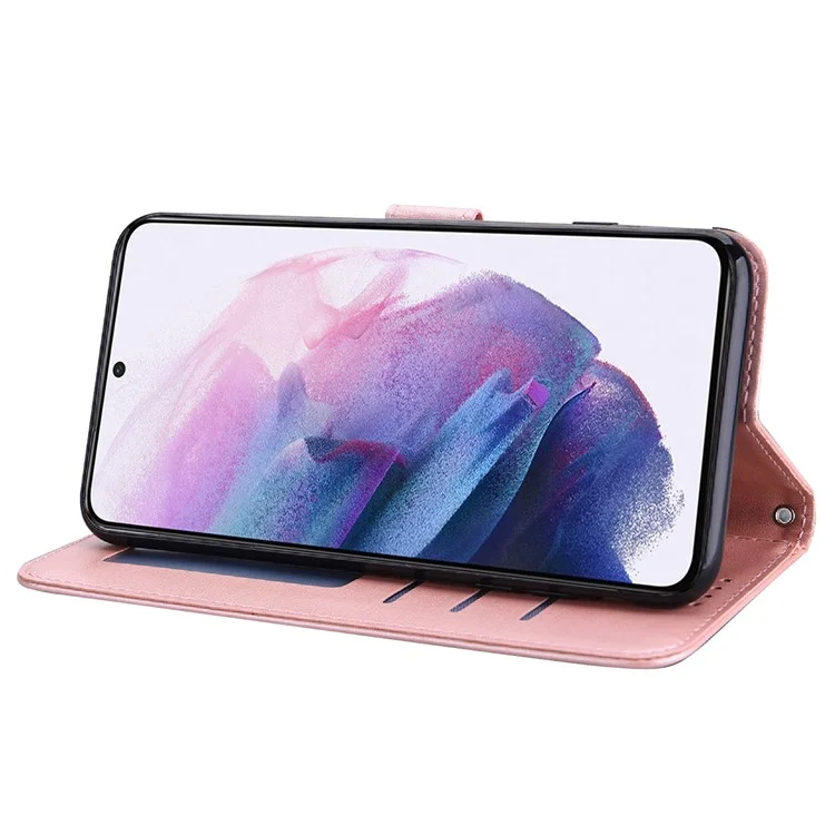 Stand Função Veado e Árvore Impressão de Couro pu de Couro Magnético à Prova de Choque Para Samsung Galaxy S22 Ultra 5G - Rosa