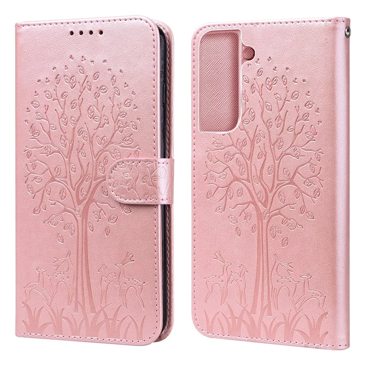 Support D'empreinte Des Cerfs et Des Arbres Présente le Portefeuille en Cuir PU Shockproof Flip Magnetic Case Pour Samsung Galaxy S22 5G - Rose