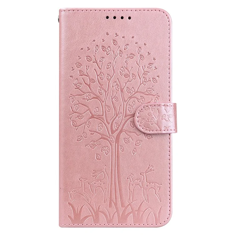Support D'empreinte Des Cerfs et Des Arbres Présente le Portefeuille en Cuir PU Shockproof Flip Magnetic Case Pour Samsung Galaxy S22 5G - Rose