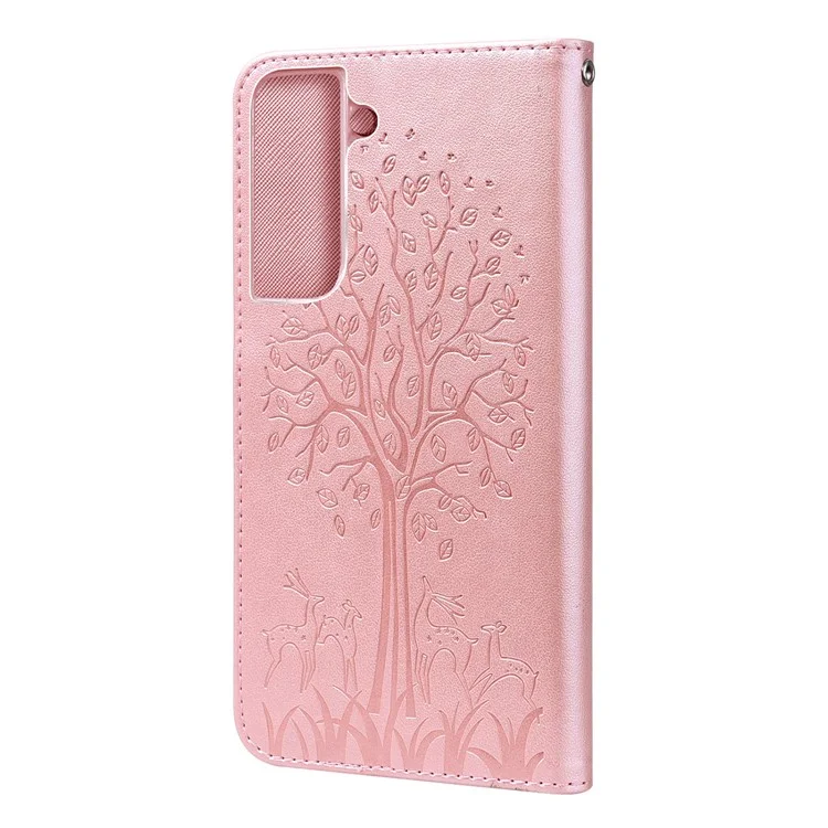 Support D'empreinte Des Cerfs et Des Arbres Présente le Portefeuille en Cuir PU Shockproof Flip Magnetic Case Pour Samsung Galaxy S22 5G - Rose