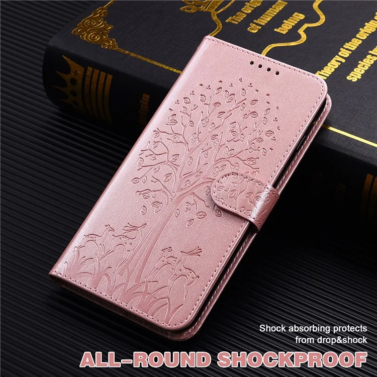 Support D'empreinte Des Cerfs et Des Arbres Présente le Portefeuille en Cuir PU Shockproof Flip Magnetic Case Pour Samsung Galaxy S22 5G - Rose