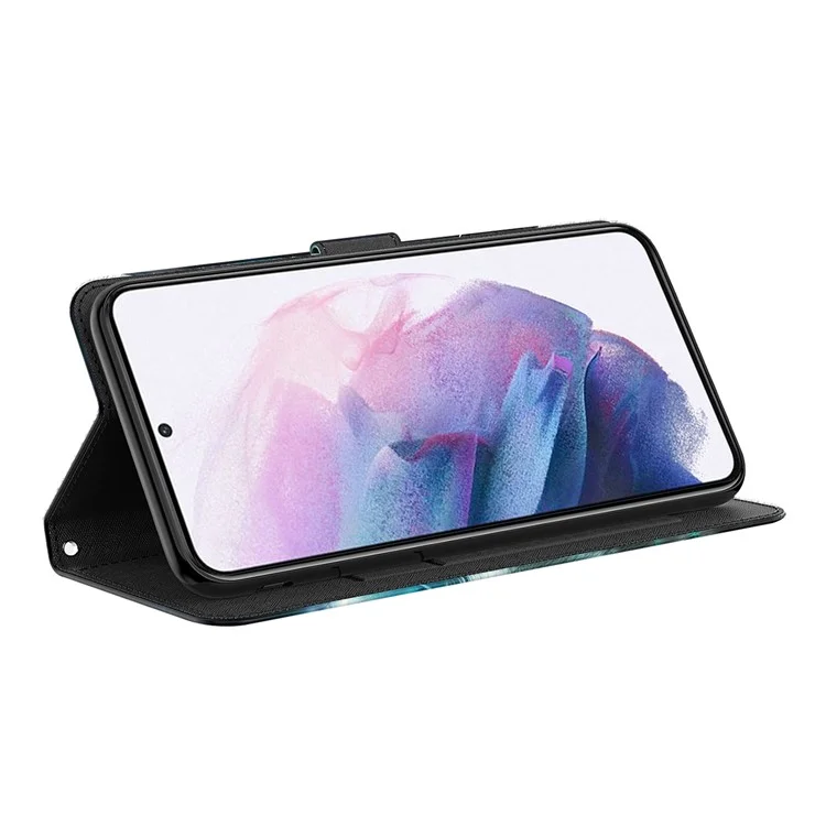 3D-Musterdruck Premium PU-Leder Folio Flip Stand Wallet Handyhülle mit Handschlaufe für Samsung Galaxy S22 5G - Bauhinia Valley