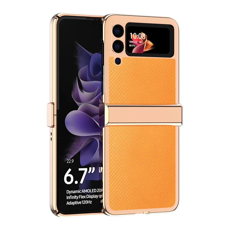 Coque de téléphone en PC revêtu de cuir PU avec texture en fibre de carbone et design séparé en 3 pièces pour Samsung Galaxy Z Flip3 5G - Jaune