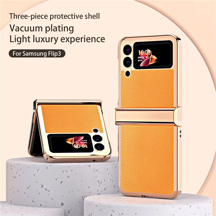 Coque de téléphone en PC revêtu de cuir PU avec texture en fibre de carbone et design séparé en 3 pièces pour Samsung Galaxy Z Flip3 5G - Jaune