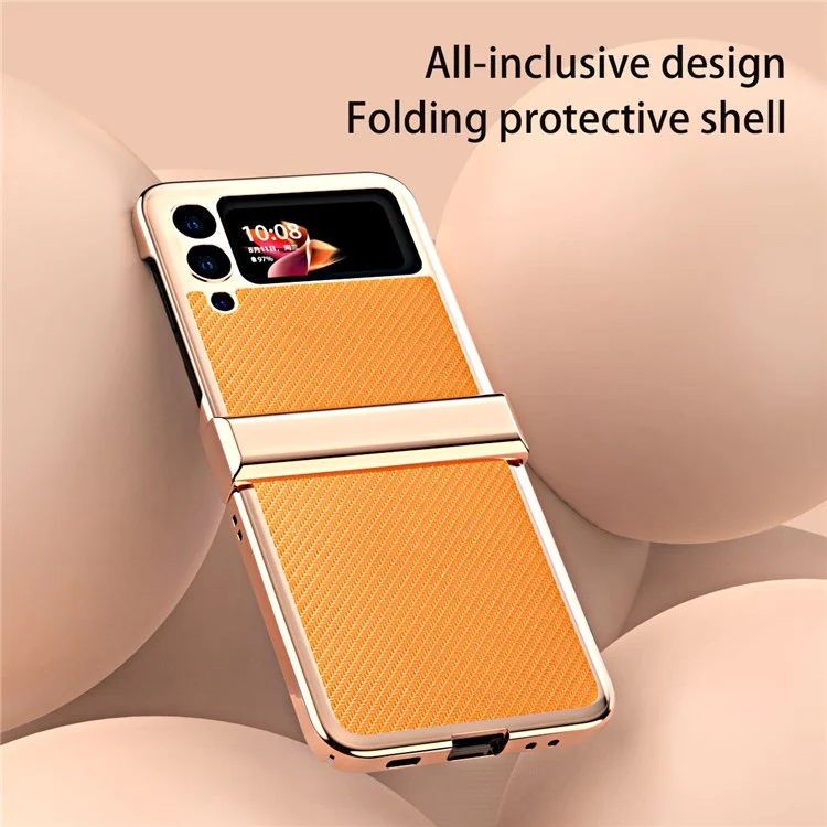 Coque de téléphone en PC revêtu de cuir PU avec texture en fibre de carbone et design séparé en 3 pièces pour Samsung Galaxy Z Flip3 5G - Jaune